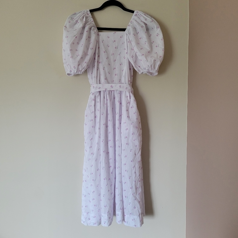 Vintage Handmade White Ditsy Floral Puff Sleeve Prairie Boho Dress